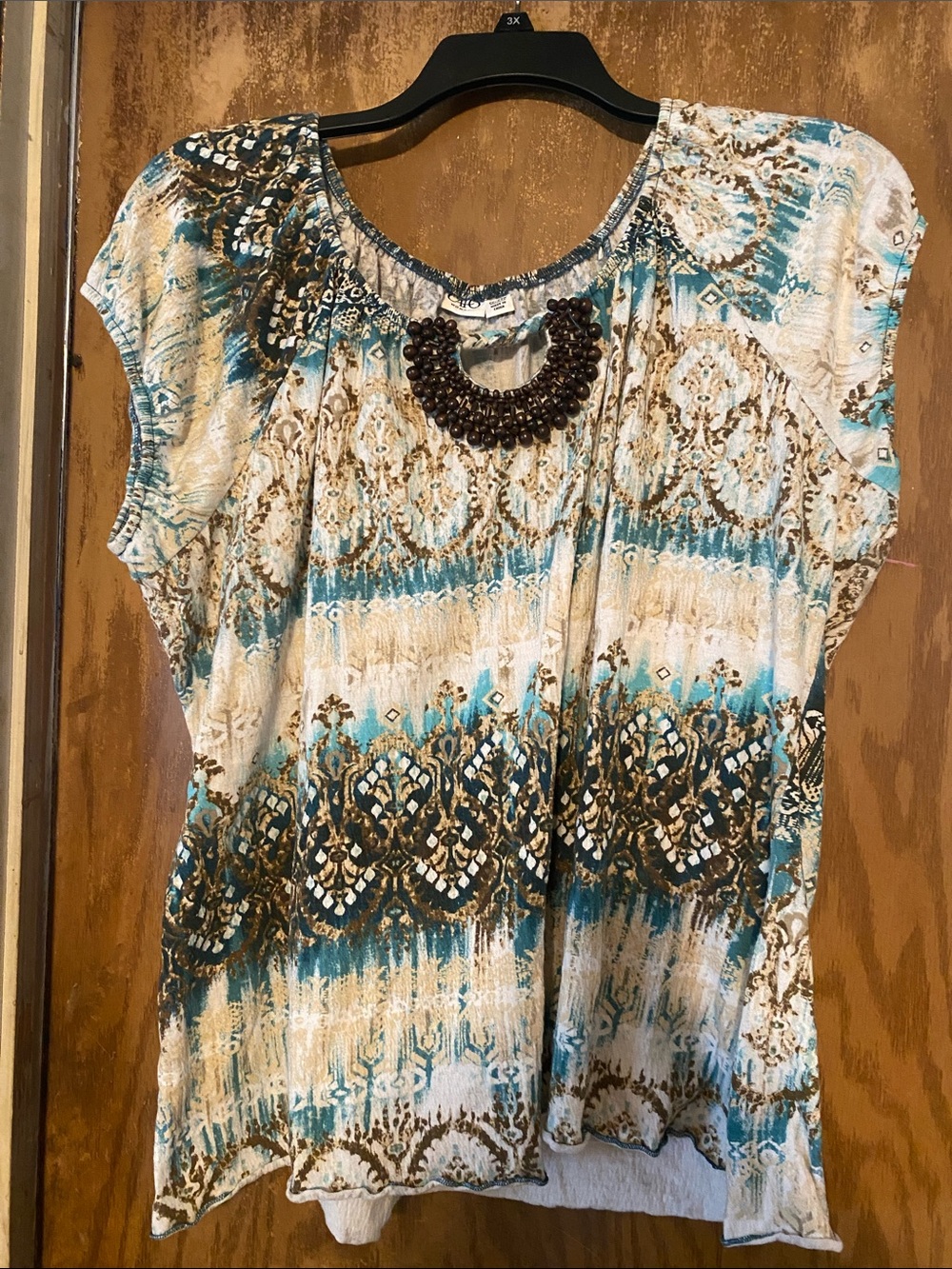 Cato Teal, Brown & Cream Patterned Short Sleeve Blouse